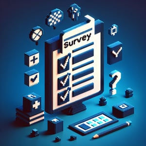 3D voxel art depicting online health literacy survey concept on a dark blue background.