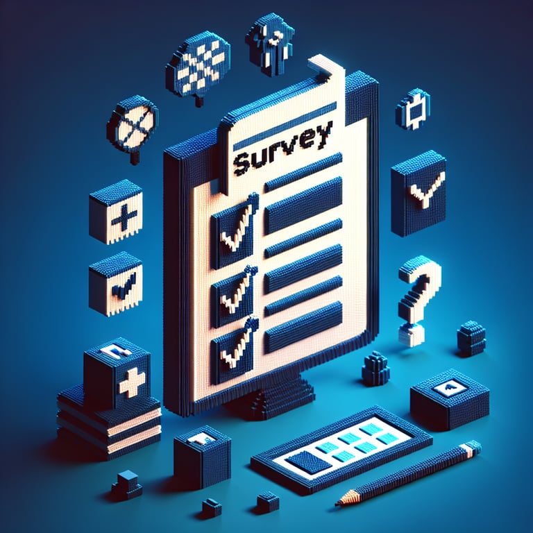 3D voxel art depicting online health literacy survey concept on a dark blue background.