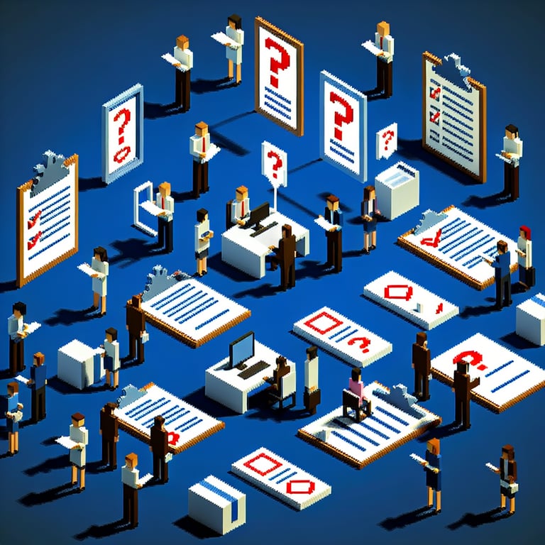A creative 3D voxel model illustrating dynamic procurement department survey processes