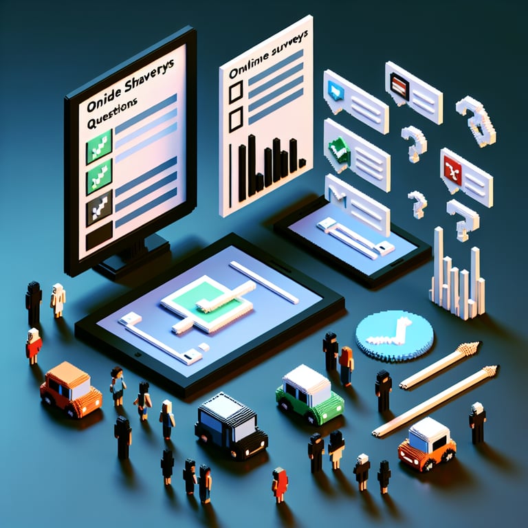 3D voxel art depicting online ride sharing surveys with a dark blue background.
