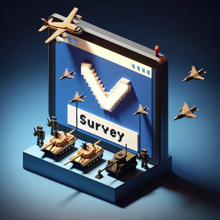 3D voxel art depicting online military survey concept on a dark blue background.