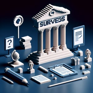 3D voxel art depicting online surveys on a dark blue background, symbolizing holocaust surveys.