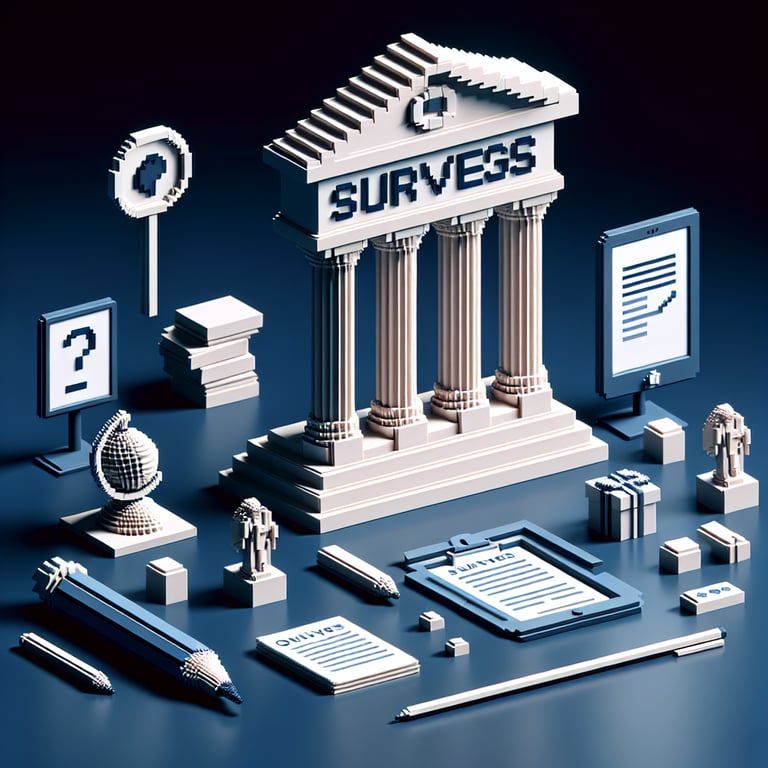 3D voxel art depicting online surveys on a dark blue background, symbolizing holocaust surveys.
