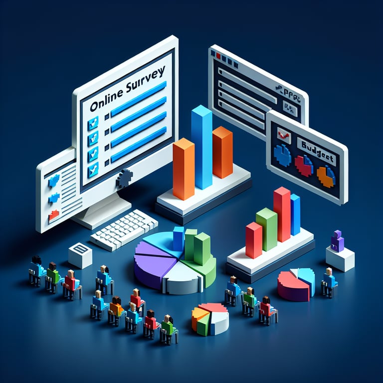 3D voxel art depicting online budgeting survey process on a dark blue background.