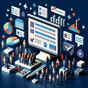 3D voxel art depicting online surveys, set against a dark blue background, for marketing campaign surveys.