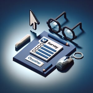 3D voxel art illustrating online eyewear survey concept on a dark blue background.