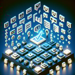 3D voxel art depicting online staff satisfaction survey process on a dark blue background.