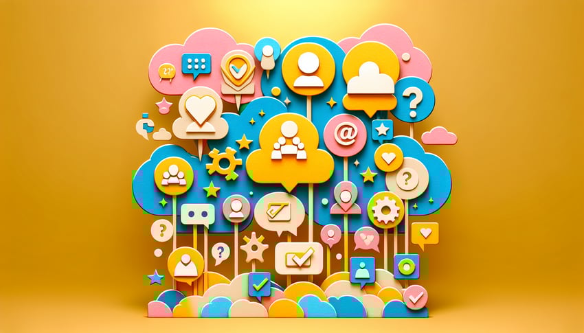 Paper-cut illustration depicting various LinkedIn poll ideas with engaging icons and vibrant colors.