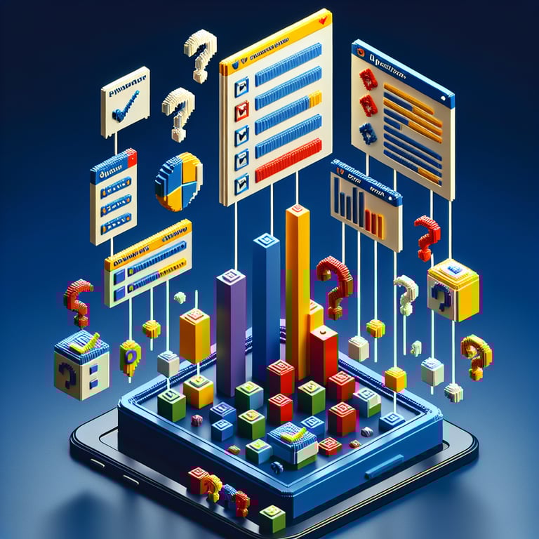 3D voxel art depicting online political surveys against a dark blue background.