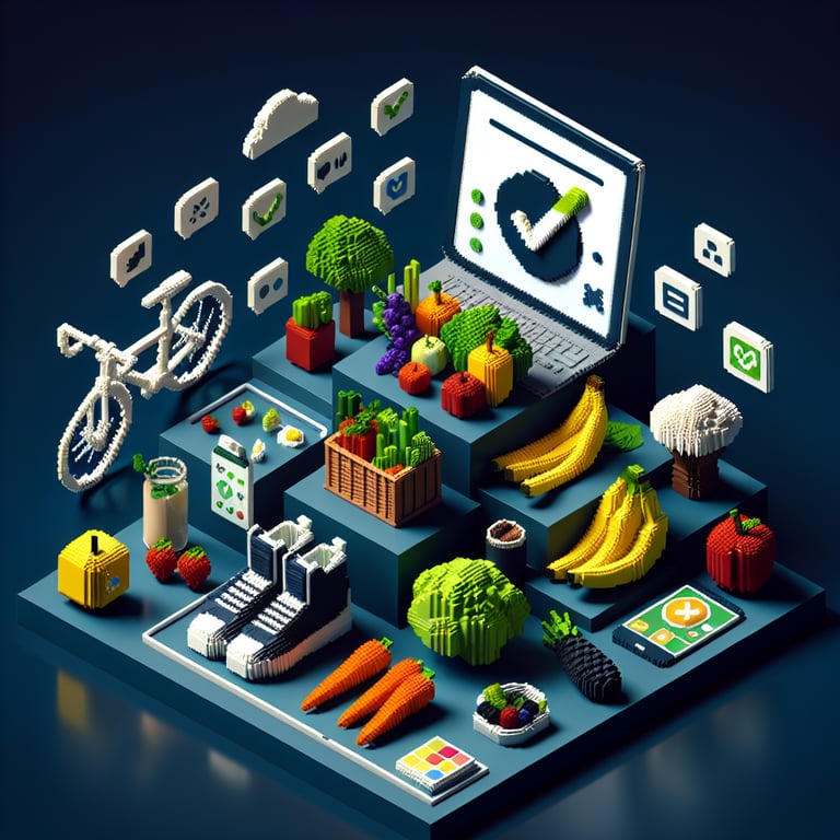 3D voxel art showcasing a wellness survey digital interface