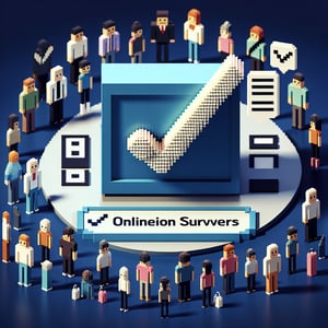 3D voxel art depicting online surveys, with a dark blue background, emphasizing men