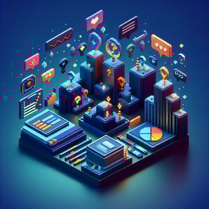 3D voxel art depicting online business surveys with a dark blue background.