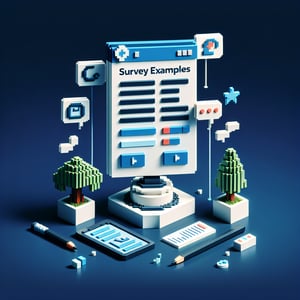 3D voxel art depicting online feedback surveys on a dark blue background.