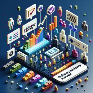 3D voxel art depicting online advisory board surveys on a dark blue background.