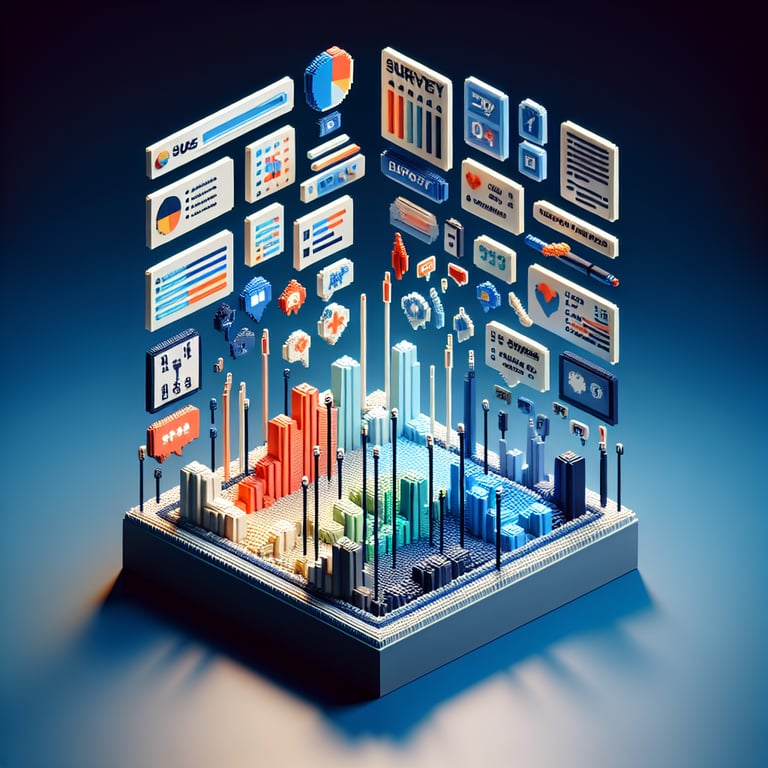 3D voxel art representing online surveys and demographic questions on a dark blue background.