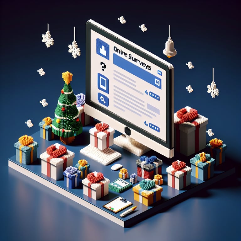 Artistic 3D voxel illustration of online Secret Santa wish list survey