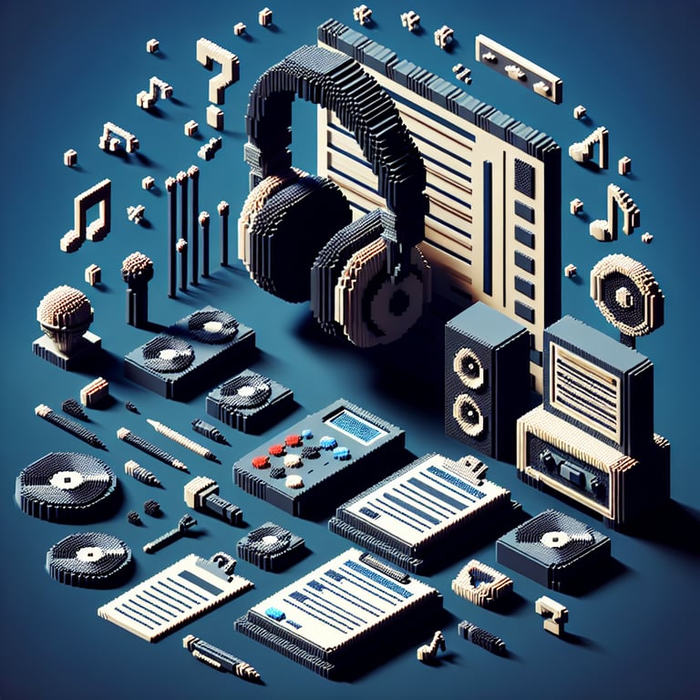 3D voxel art depicting online music middle survey concept on a dark blue background.