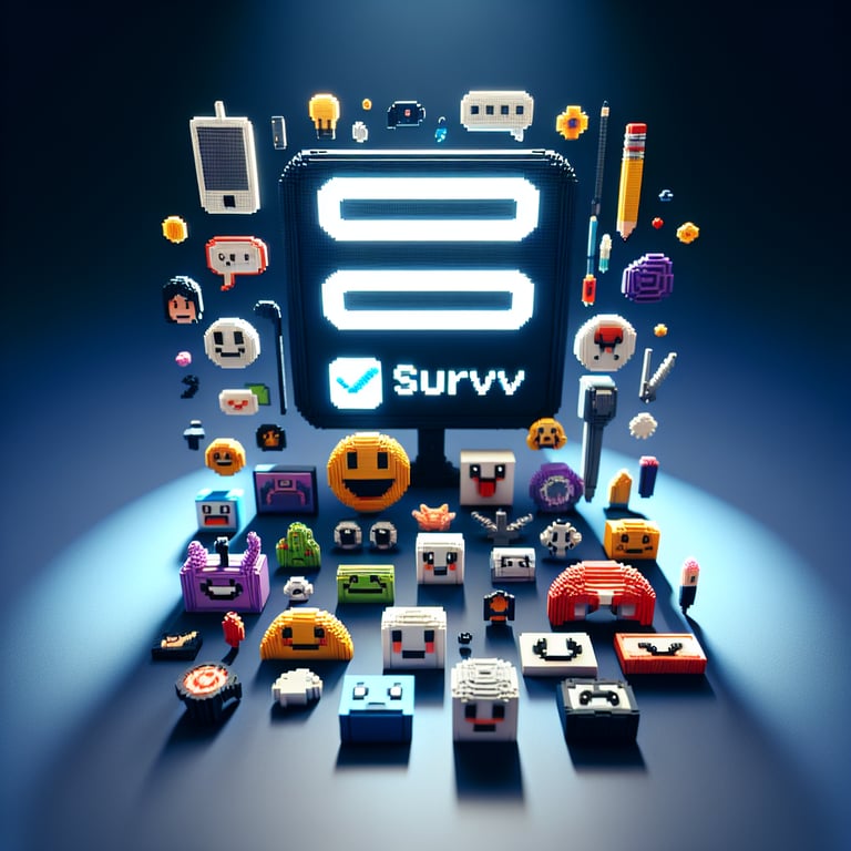3D voxel art depicting humorous online multiple choice surveys on a dark blue background.