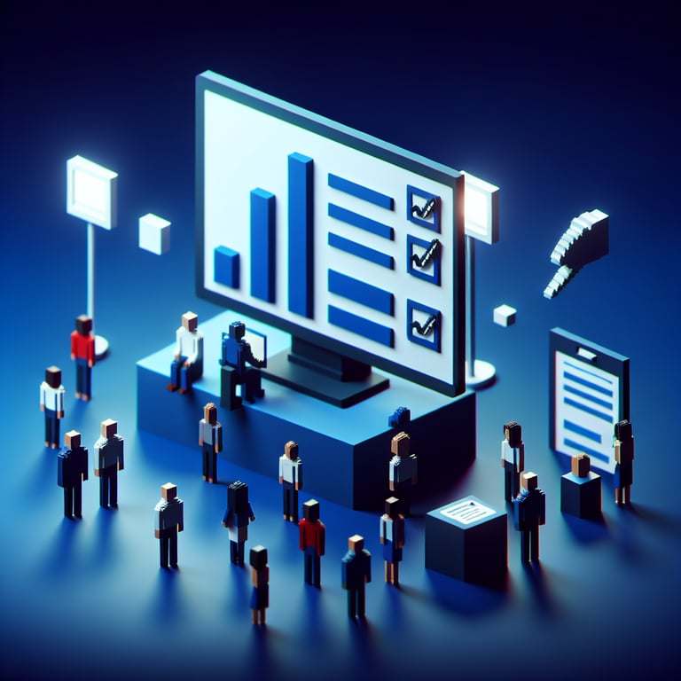 Artistic 3D voxel rendering of a workplace vaccination poll workflow