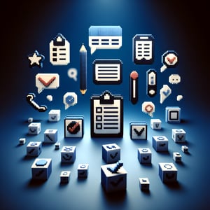 3D voxel art depicting the concept of online product surveys on a dark blue background.