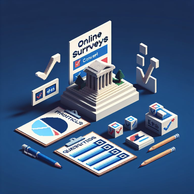 3D voxel art depicting online surveys related to Donald Trump on a dark blue background.