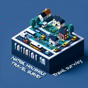 3D voxel art depicting the concept of national household travel surveys on a dark blue background.
