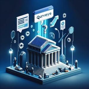 3D voxel art depicting online patent survey process on a dark blue background.