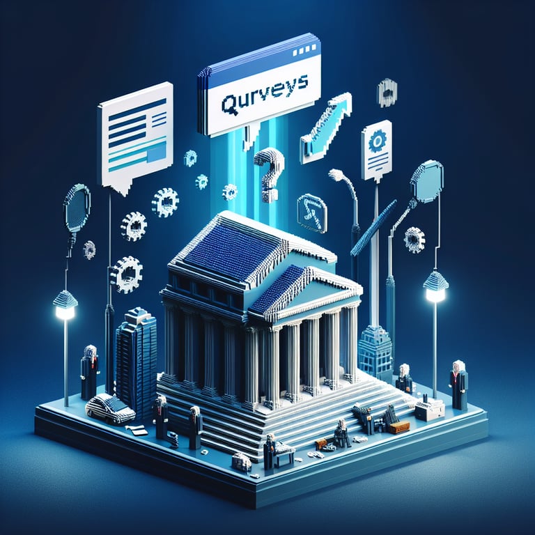 3D voxel art depicting online patent survey process on a dark blue background.