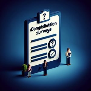 3D voxel art depicting the concept of online comprehension surveys on a dark blue background.