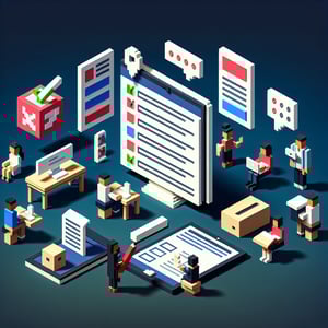 3D voxel art depicting online associate surveys with a dark blue background.