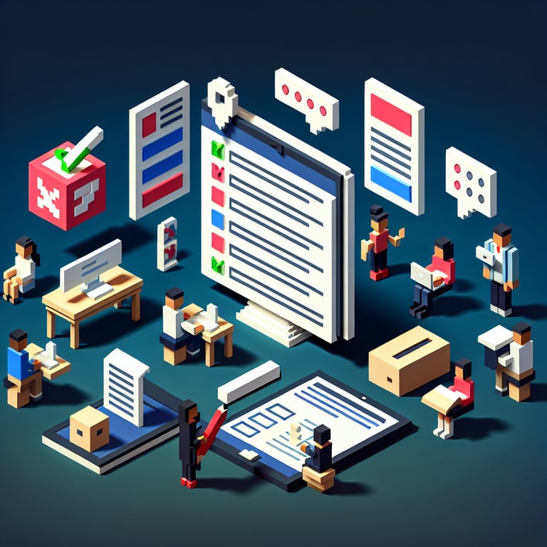 3D voxel art depicting online associate surveys with a dark blue background.