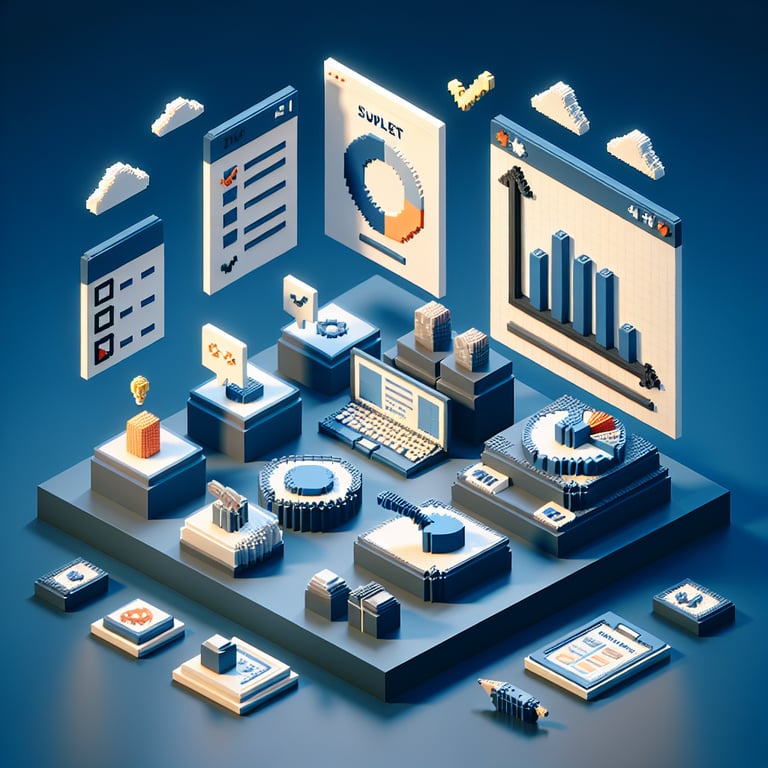 Creative 3D voxel scene showing sales survey question prototypes