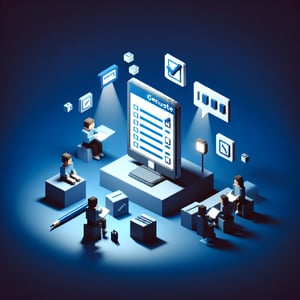 3D voxel art depicting online surveys for new product launch, set against a dark blue background.