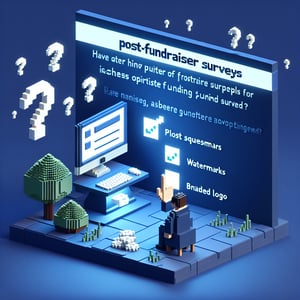 3D voxel art depicting online post fundraiser surveys on a dark blue background.