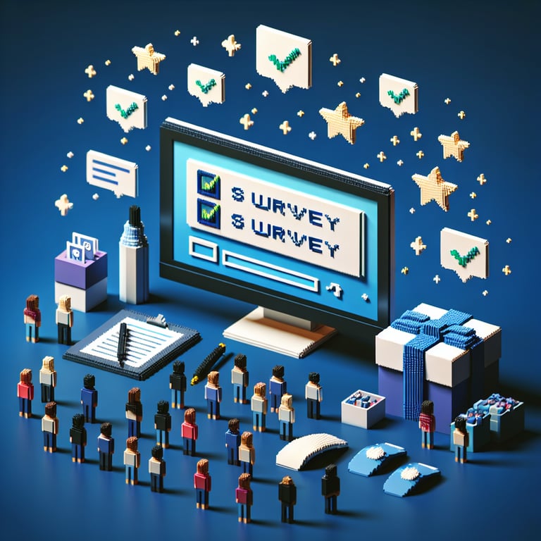 3D voxel art depicting the concept of online customer loyalty program surveys on a dark blue background.