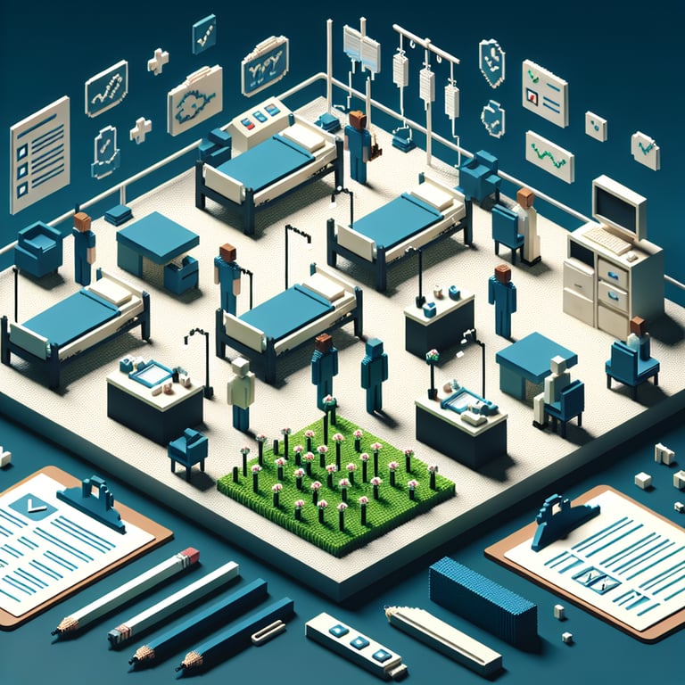 3D voxel art depicting online hospital patient surveys on a dark blue background.
