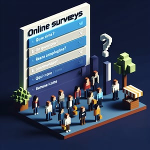 3D voxel art depicting online income survey concept on a dark blue background.