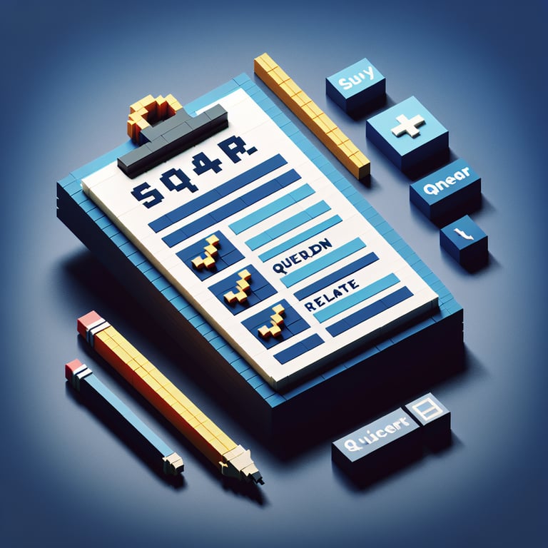 3D voxel art depicting the process of SQ4R (Survey, Question, Read, Recite, Relate, Review) online surveys on a dark blue background.
