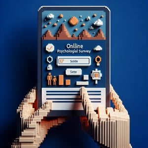 3D voxel art depicting the concept of online psychological surveys on a dark blue background.