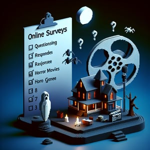 3D voxel art depicting online surveys, set against a dark blue background, symbolizing a 45-question horror movie survey.
