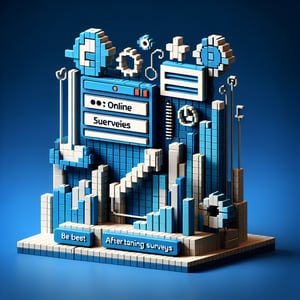 3D voxel art illustrating the concept of engaging online post-training surveys on a dark blue background.
