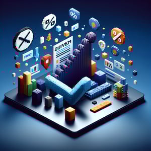 3D voxel art depicting online inflation survey process on a dark blue background.