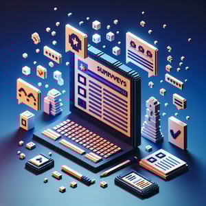 3D voxel art depicting online surveys, ideal for administrator survey questions, set against a dark blue background.