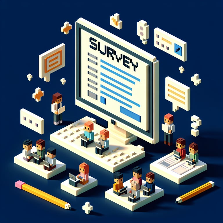 Artistic 3D voxel art depicting an interactive feedback loop for possible customer surveys