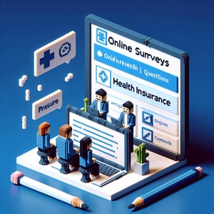 3D voxel art depicting online health insurance survey process on a dark blue background.