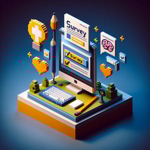 3D voxel art depicting online surveys focused on adolescent depression, on a dark blue background.