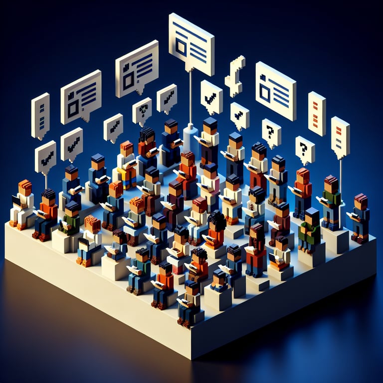 3D voxel art depicting the concept of online Athena Swan culture surveys on a dark blue background.