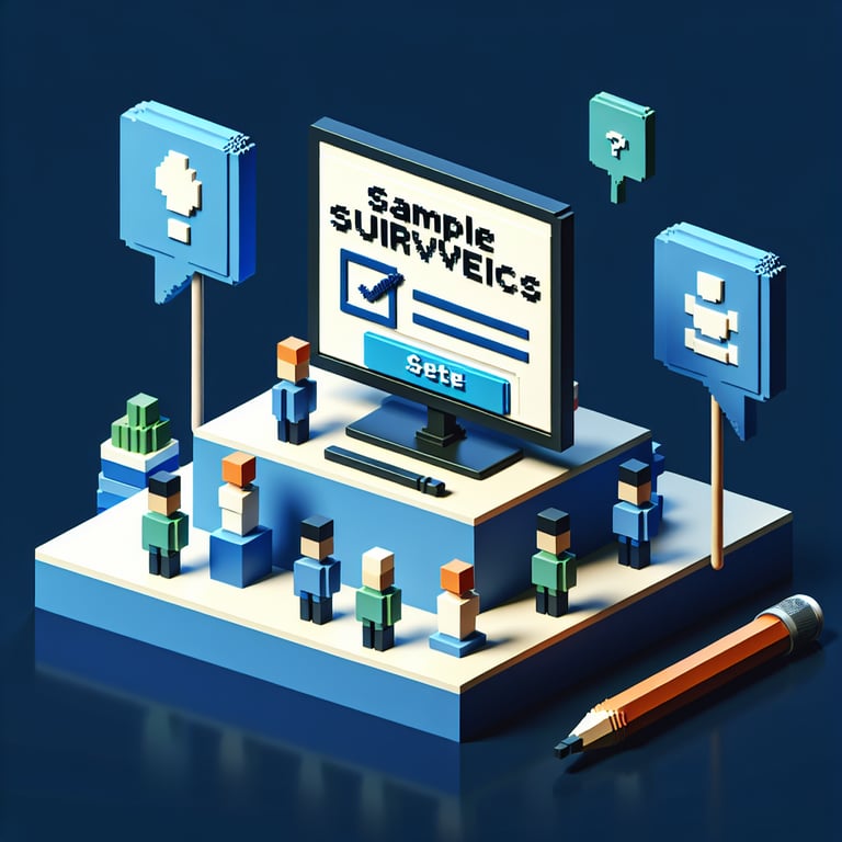 3D voxel art depicting online surveys with a dark blue background, symbolizing sample conference survey questions.