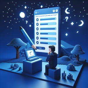 3D voxel art depicting online stress surveys for employees on a dark blue background.