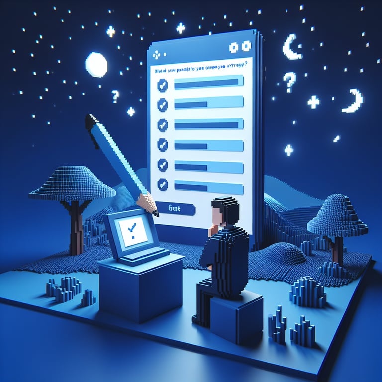 3D voxel art depicting online stress surveys for employees on a dark blue background.